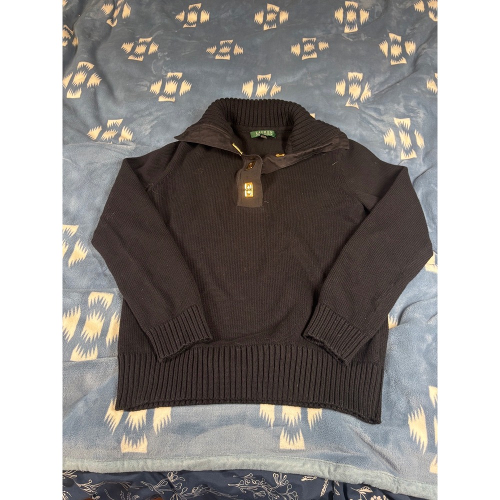 Lauren Ralph Lauren Mens Black Cotton Mock Neck Snap Pullover Sweater Medium
